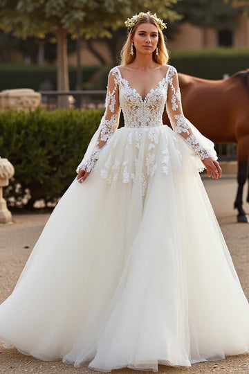 V Neck White Tulle Ball Gown Boho Sweep Train Wedding Dress with Lace